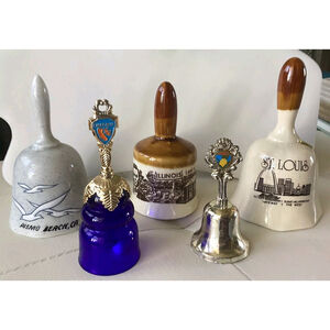 Collectors Hand Bells Mixed Lot Of 5 State & City Theme Ceramic,Glass IL, CA, HI